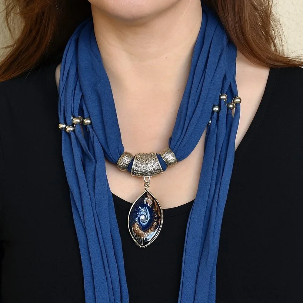 Vintage Boho-Chic Navy Scarf with Teardrop Shaped Pendant